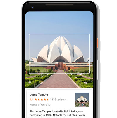 Partial view of the Google Pixel 2 screen, which shows a description of Lotus Temple   